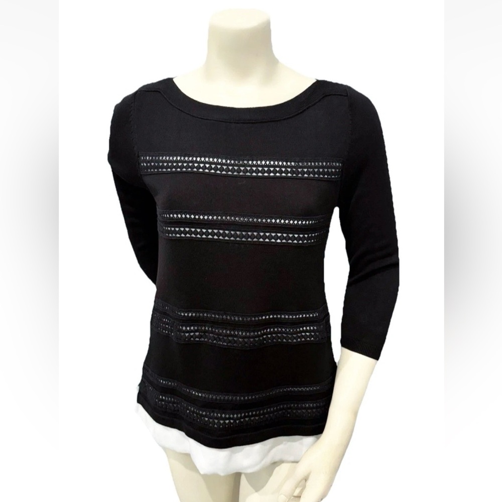 White House Black Market Sweater Top Small Black Lace Crochet Trim Layered Hem